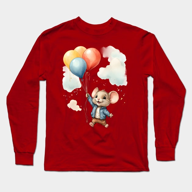 Cute Colorful Baby Mouse With Balloons Watercolor Design Long Sleeve T-Shirt by TF Brands